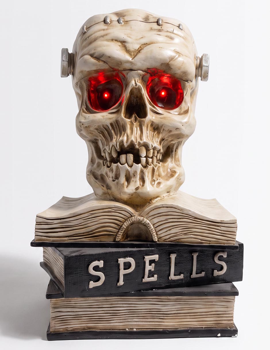 Figura decorativa de Halloween con forma de cráneo sobre libros 4