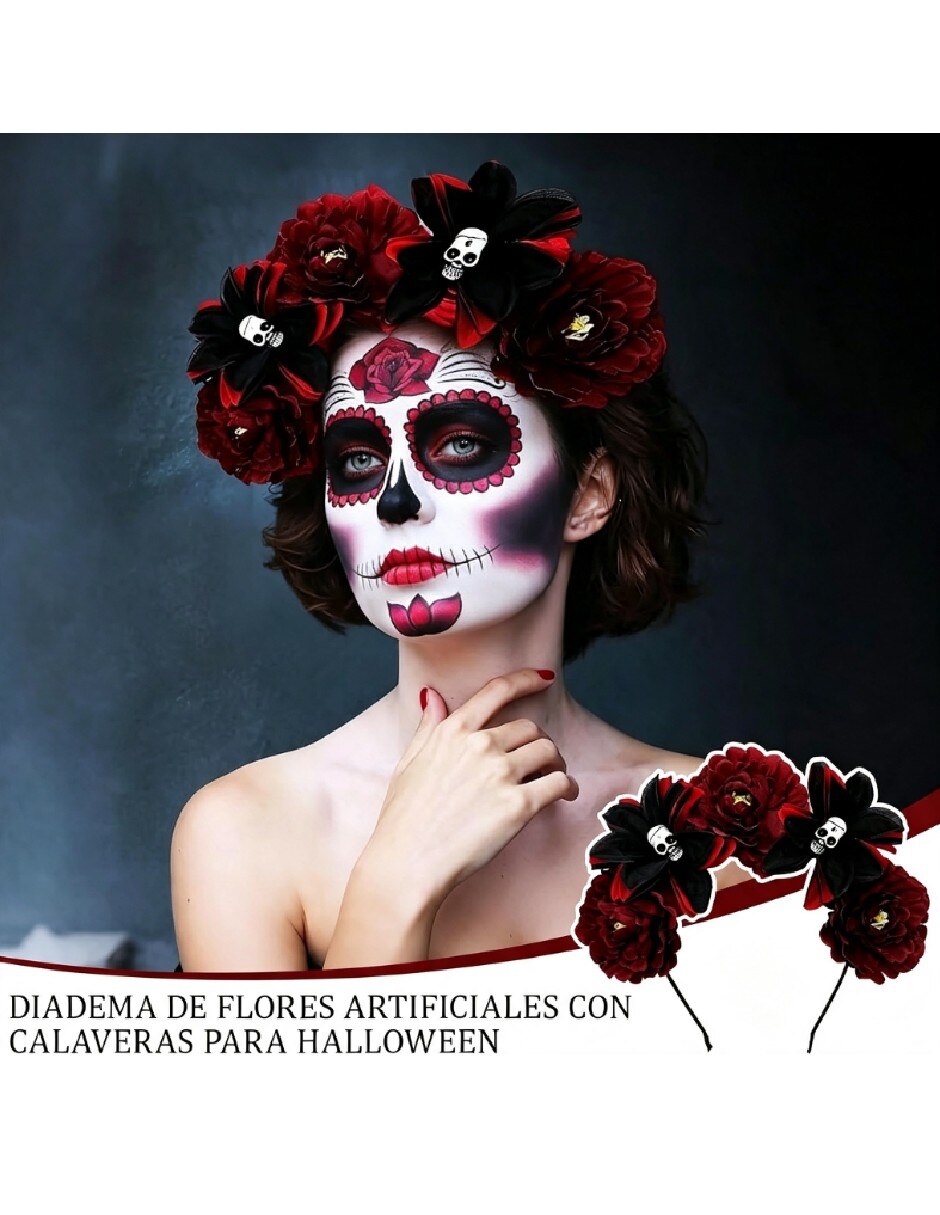 Diadema para disfraz de Diadema floral con calaveras para disfraz 3