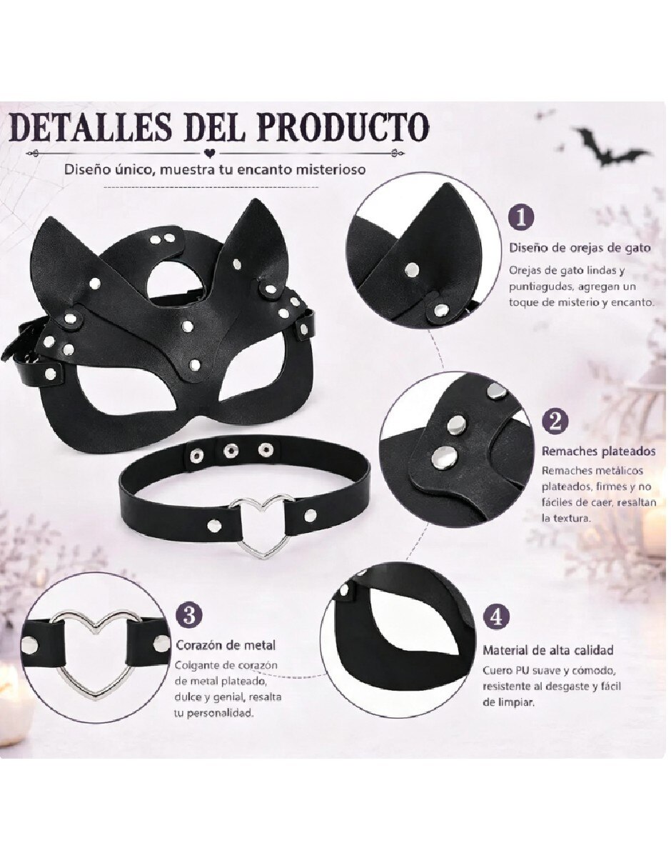 Set de accesorios para disfraz de antifáz y gargantilla Gatúbela 2